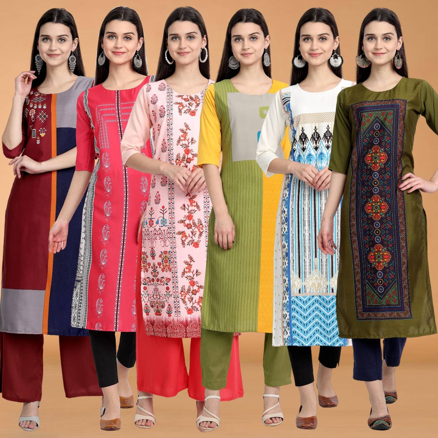 1 Stop Fashion Pack of 6 Women Printed Crepe A-line Kurta (Multic