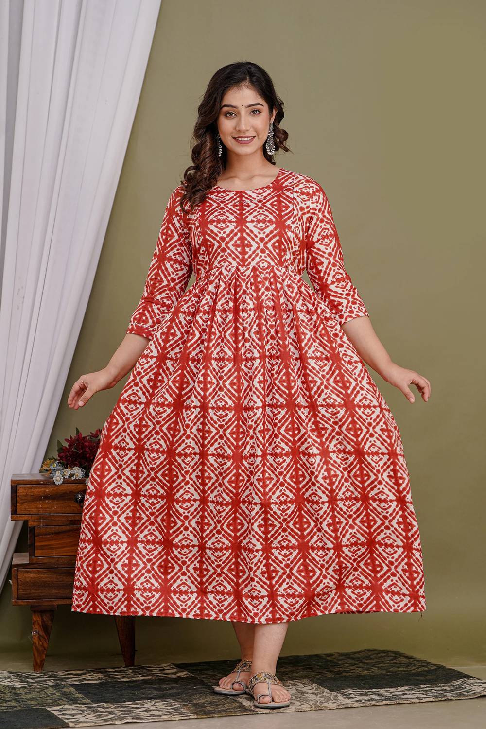 Tulsiram Women Printed Pure Cotton Anarkali Kurta (Orange, White)