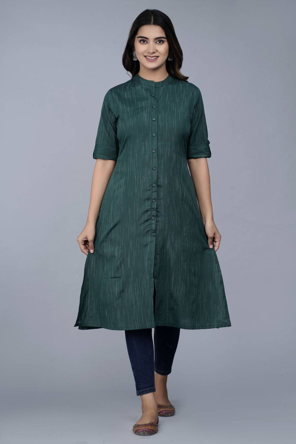 heartloom Women Solid Khadi Cotton A-line Kurta (Green)