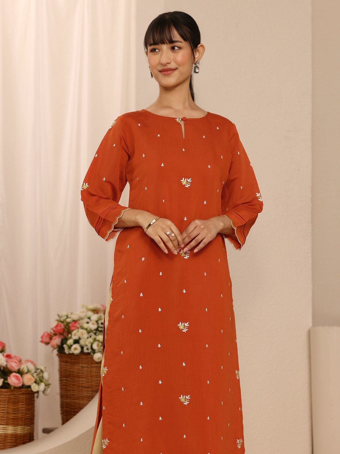 Image of LIBAS Printed Chanderi Straight Kurta for Women (Orange)