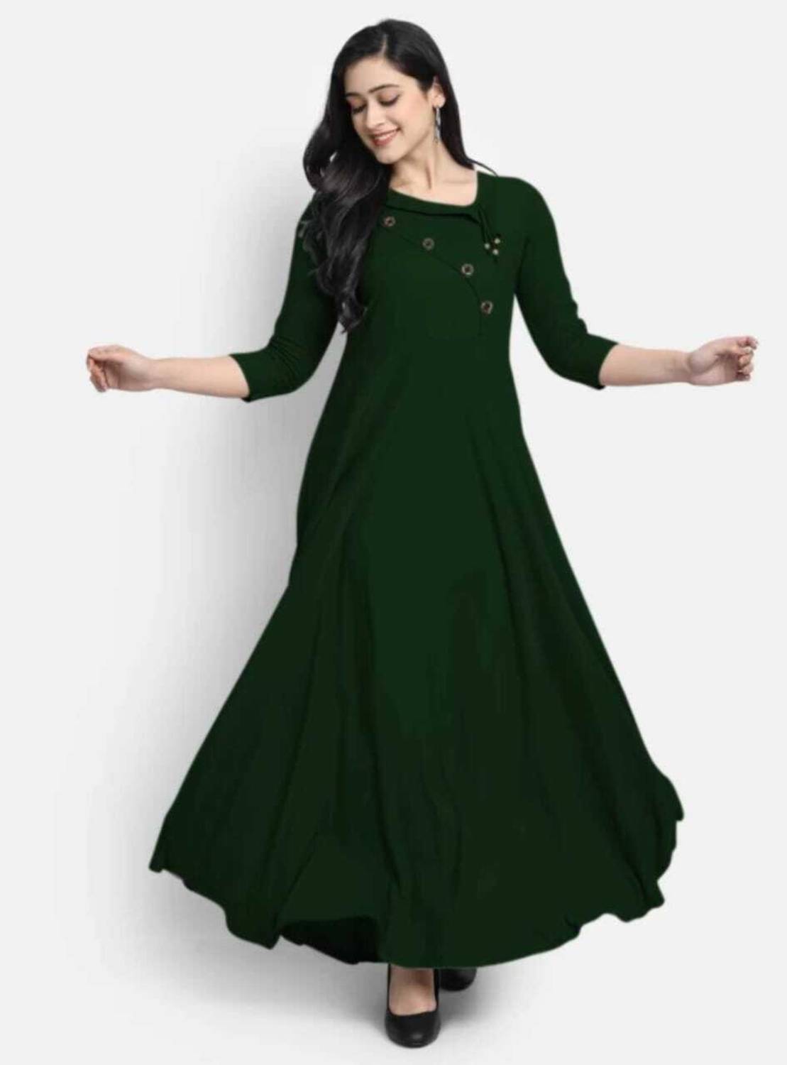 Puebell Women Solid Viscose Rayon Flared Kurta (Dark Green)
