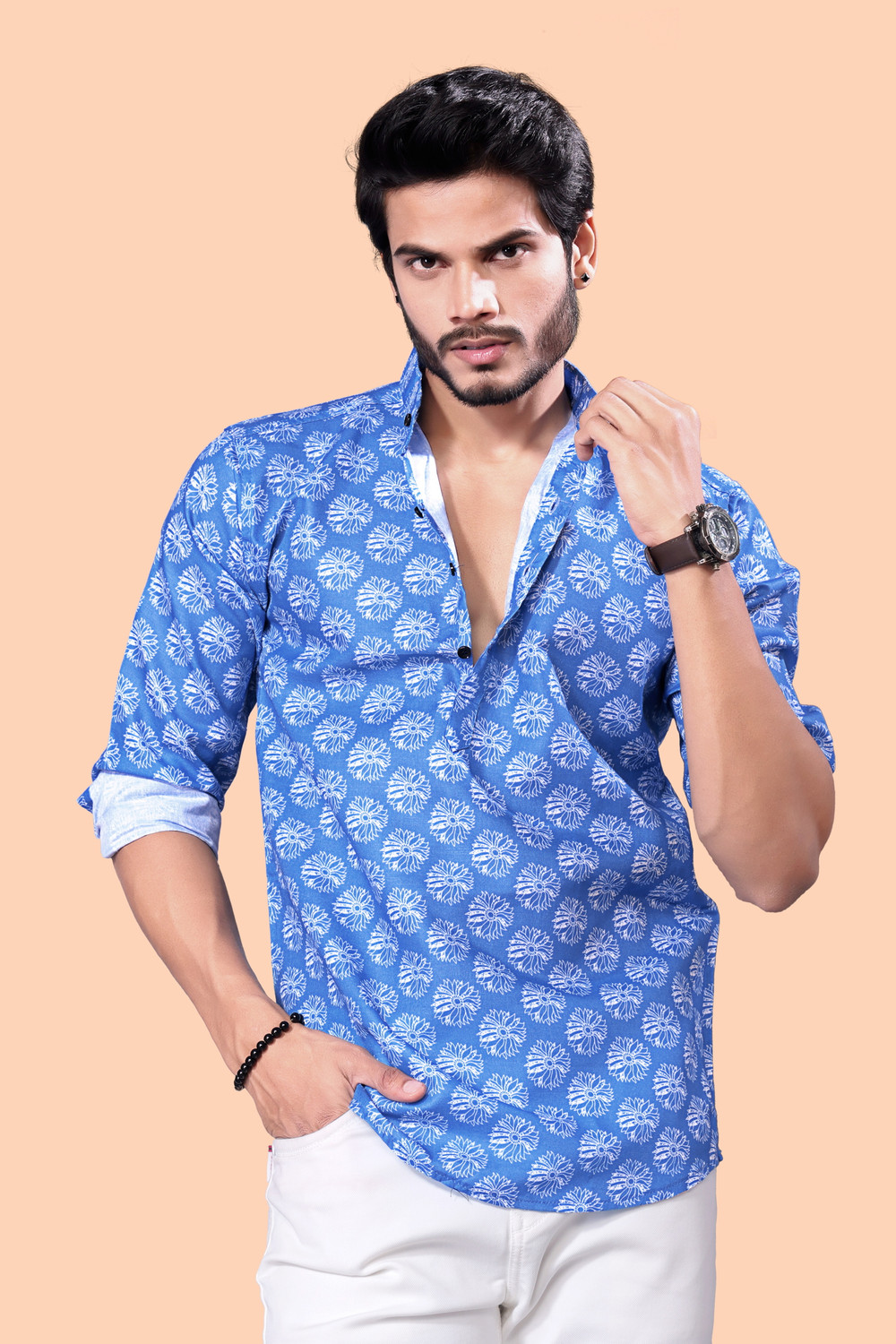 Image of Varidashi Men Printed Casual Blue Shirt