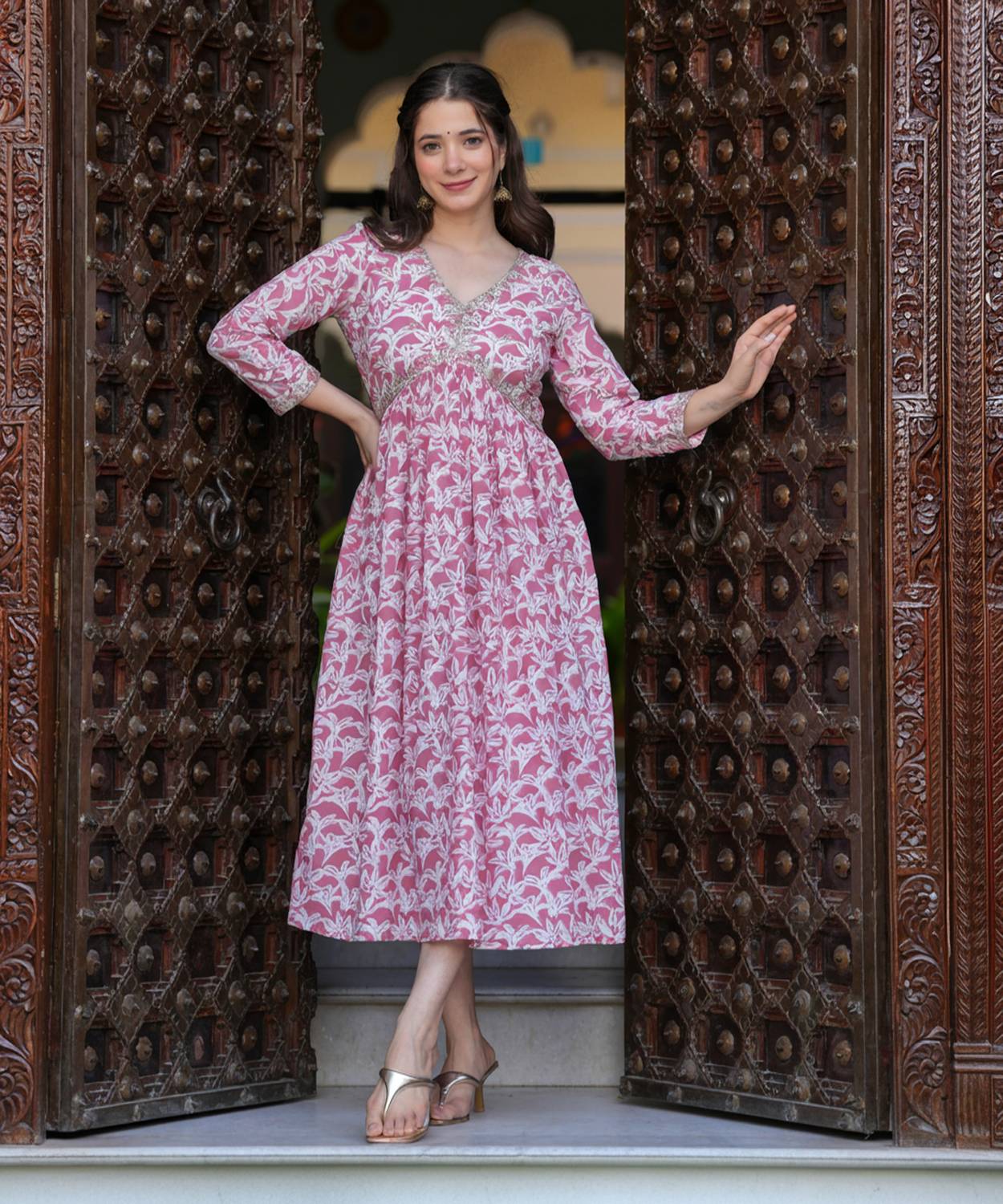 Lakshay Fashion Women Embroidered Cotton Blend Anarkali Kurta (Pi