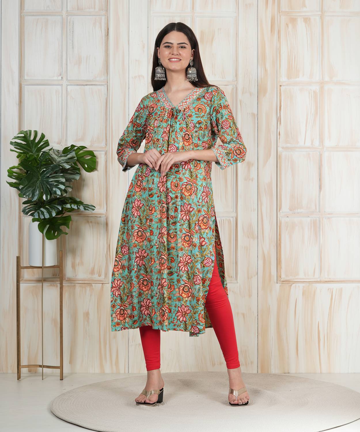 JINVARAM Women Floral Print Viscose Rayon A-line Kurta (Green, Or