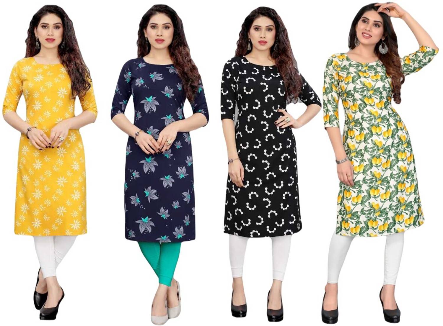Hiral Pack of 4 Women Printed Crepe Straight Kurta (Dark Blue)