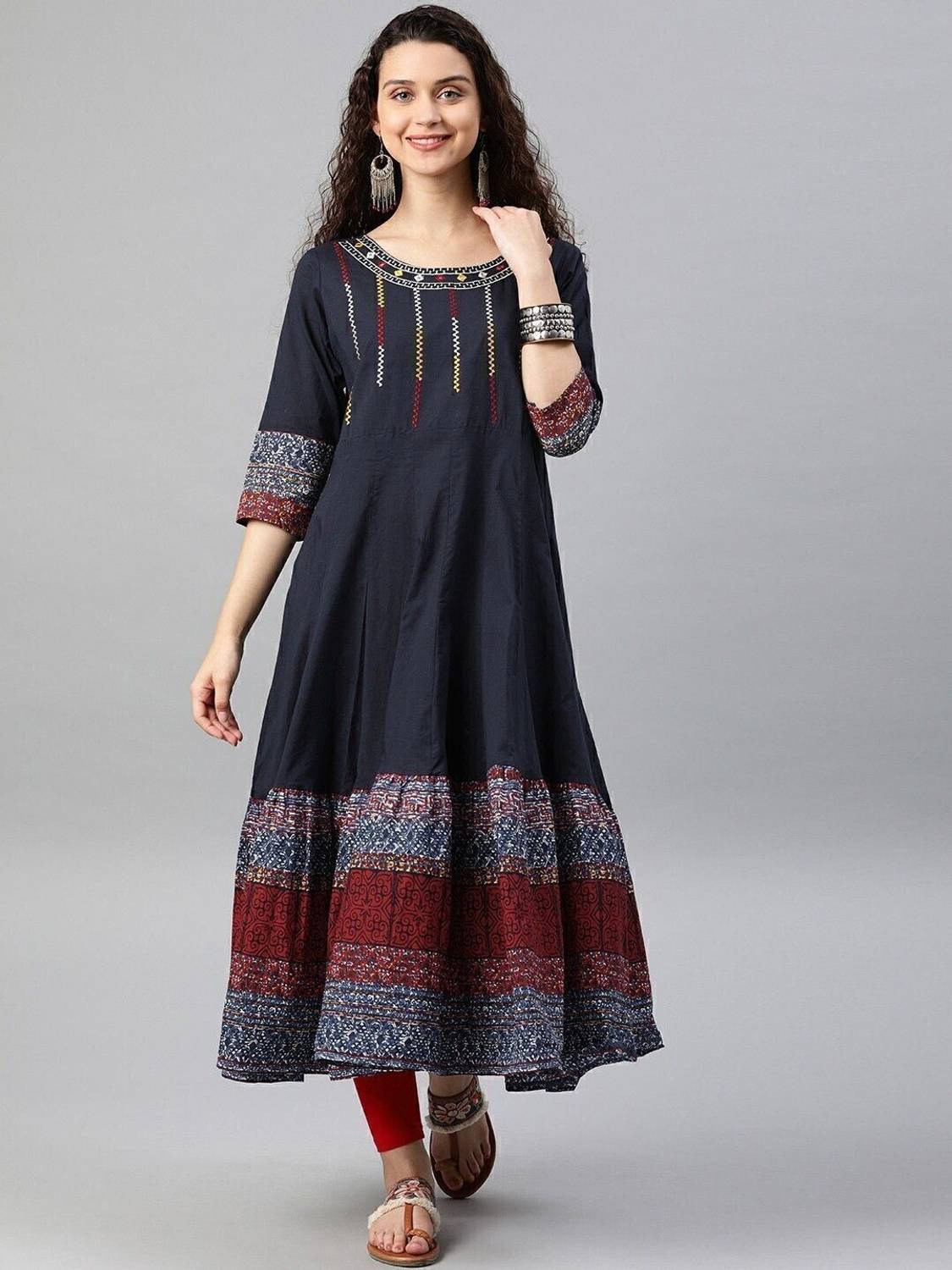 Yash Gallery Women Embroidered Pure Cotton Anarkali Kurta (Blue)