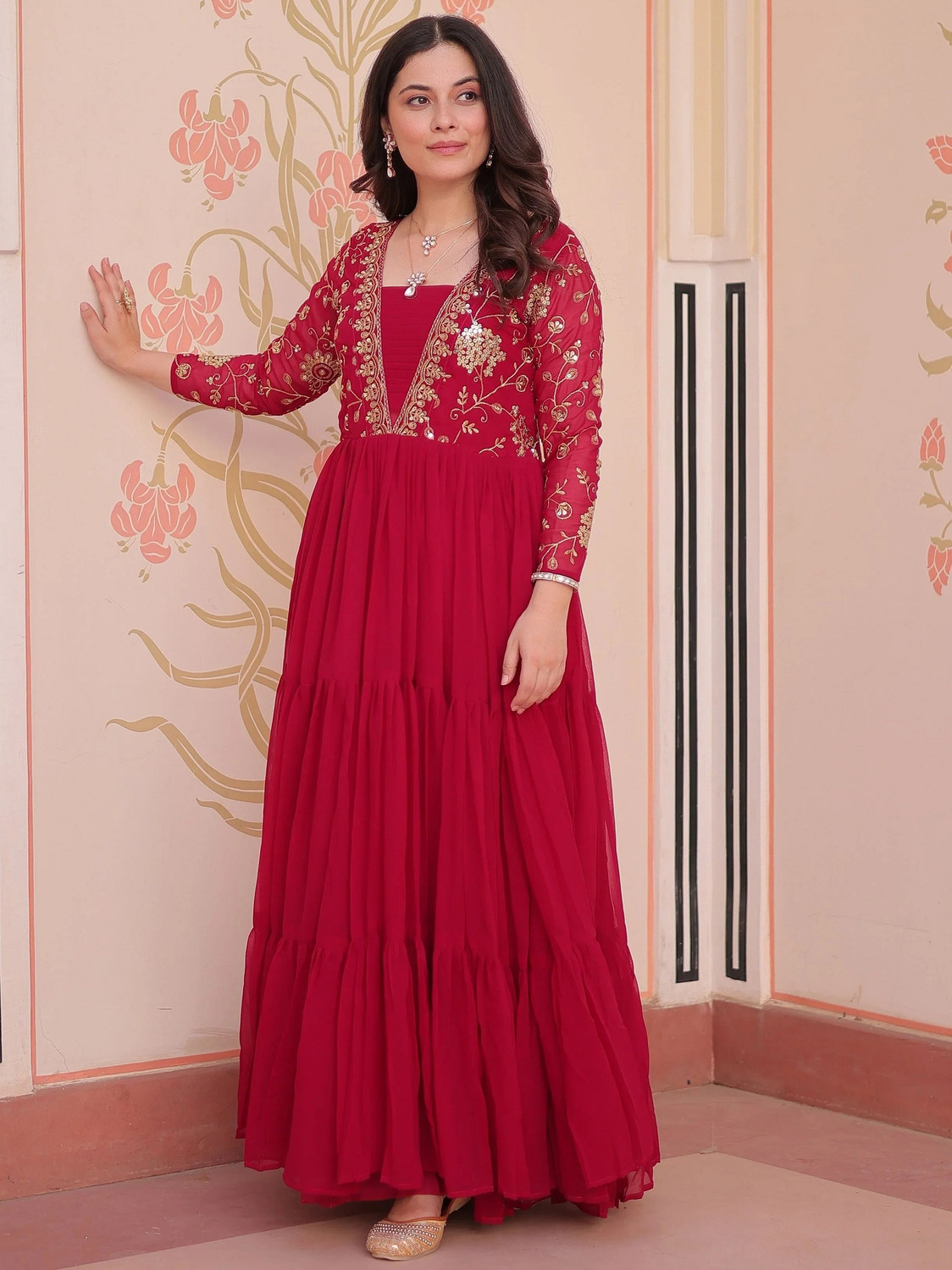 Image of Lazzly Women Embroidered, Woven Design Flared Kurta