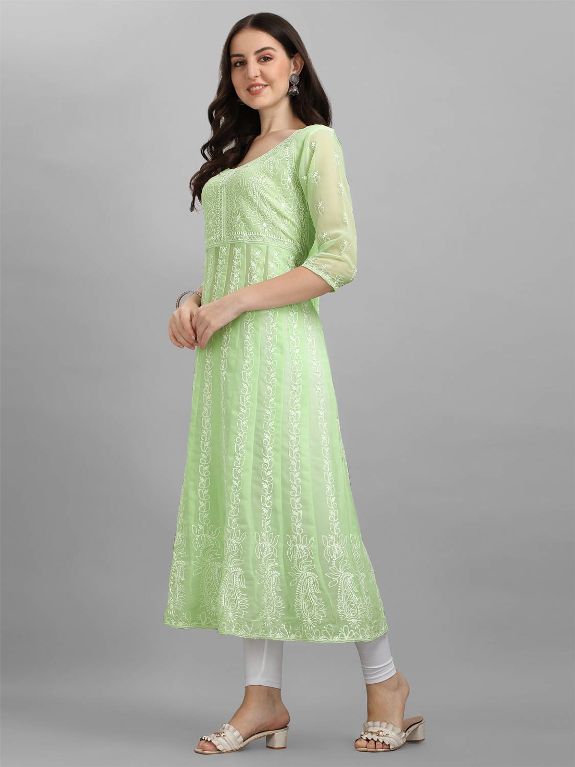 Youthnic Women Chikan Embroidery Georgette Anarkali Kurta (Light