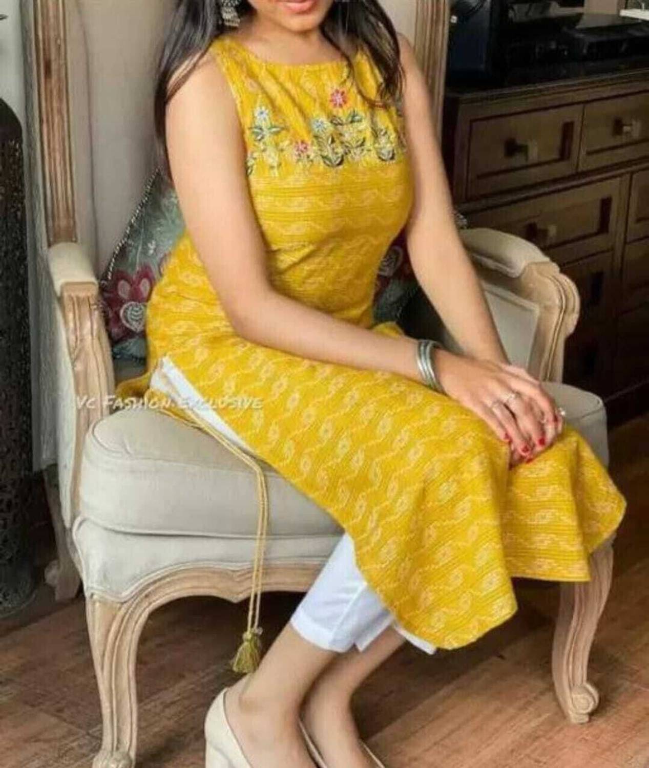 ALABAITH Women Embroidered Cotton Rayon A-line Kurta (Yellow, Gol