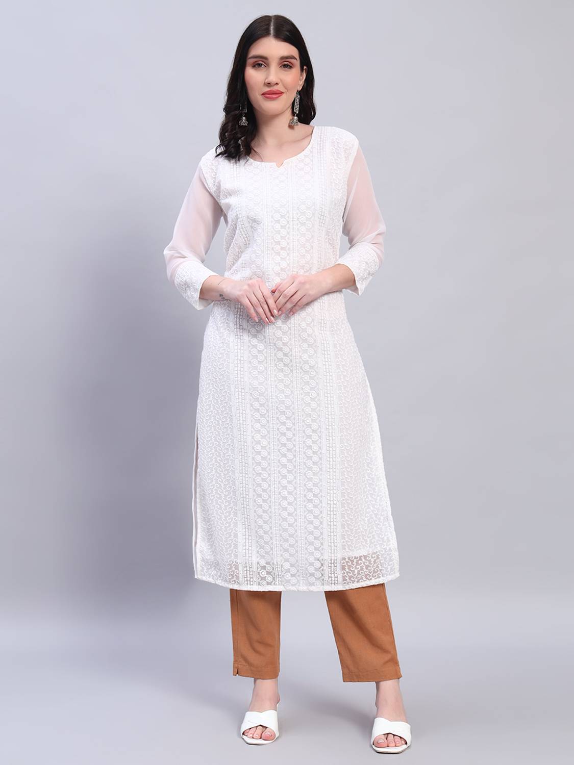 Umoly Women Chikan Embroidery Georgette A-line Kurta (White)