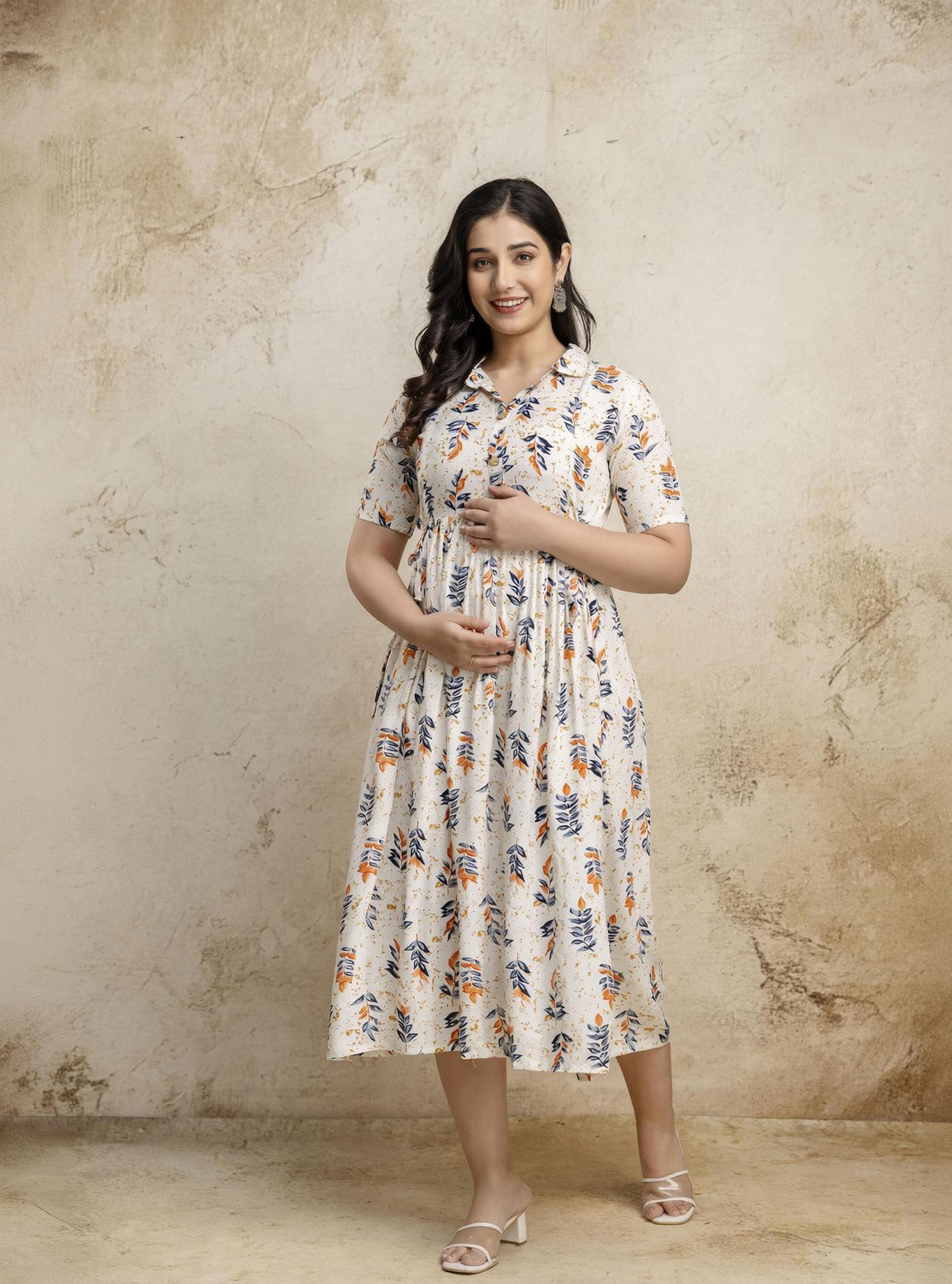 Image of Mialo fashion Women Fit and Flare Beige Midi /Calf Length Dress