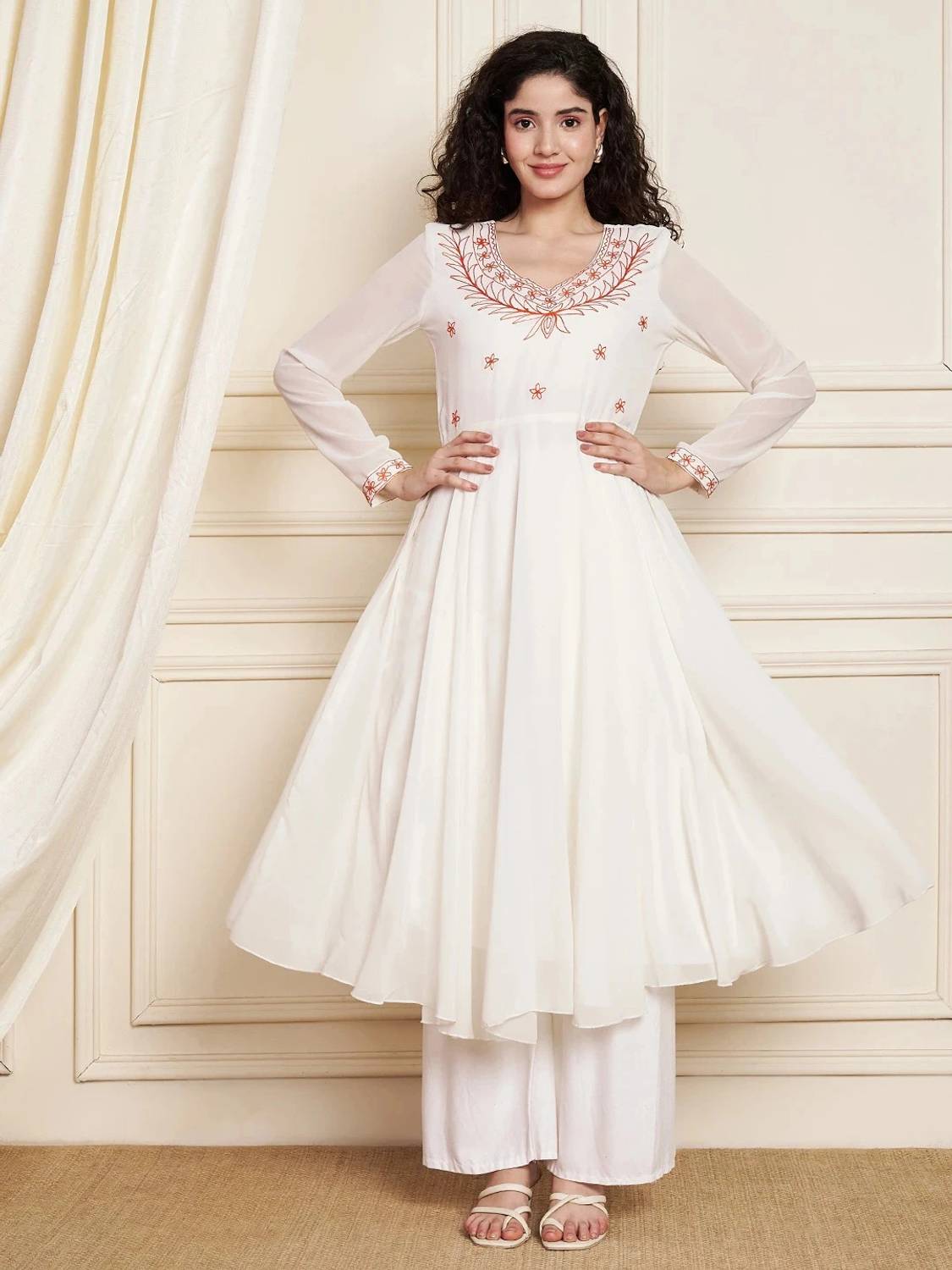 Poshak Hub Women Embroidered Georgette Anarkali Kurta (White)