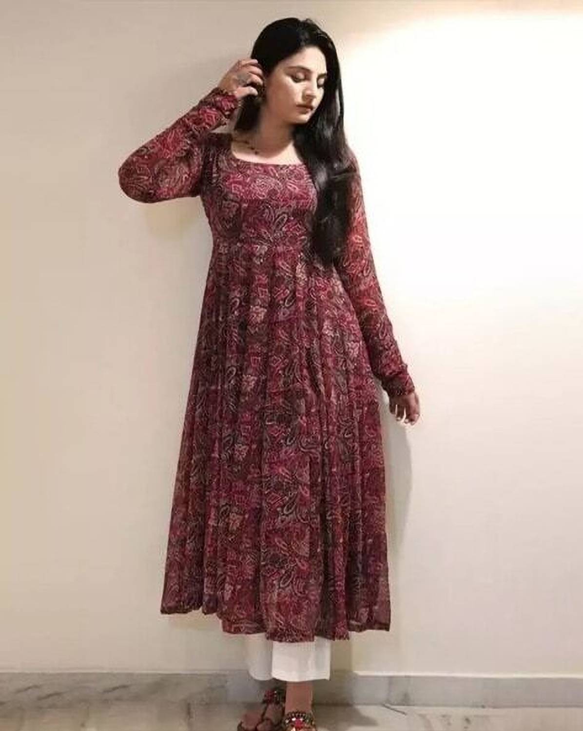 QUICK FEB Women Printed Georgette Anarkali Kurta (Maroon)