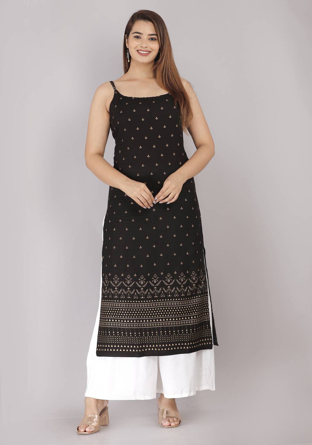 HARSUKHI Women Floral Print Viscose Rayon Straight Kurta (Black)