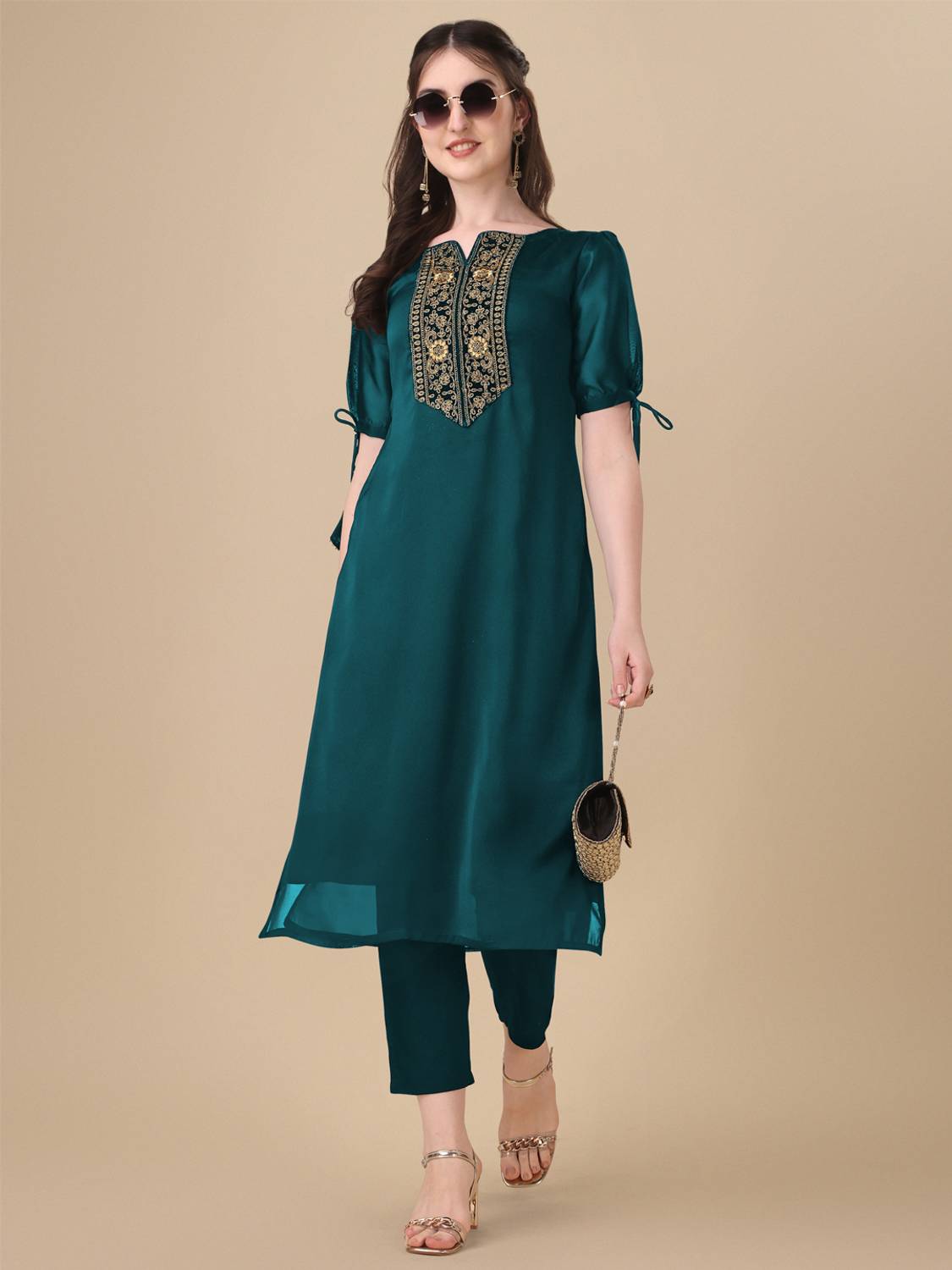 Lovisa Fashion Women Embellished, Embroidered Pure Silk Straight