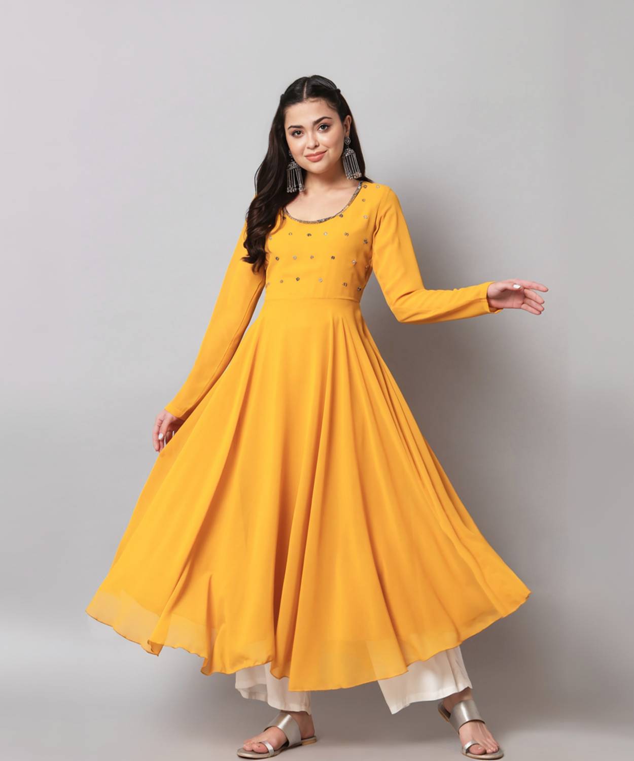 Poshak Hub Women Embroidered Georgette Anarkali Kurta (Yellow)