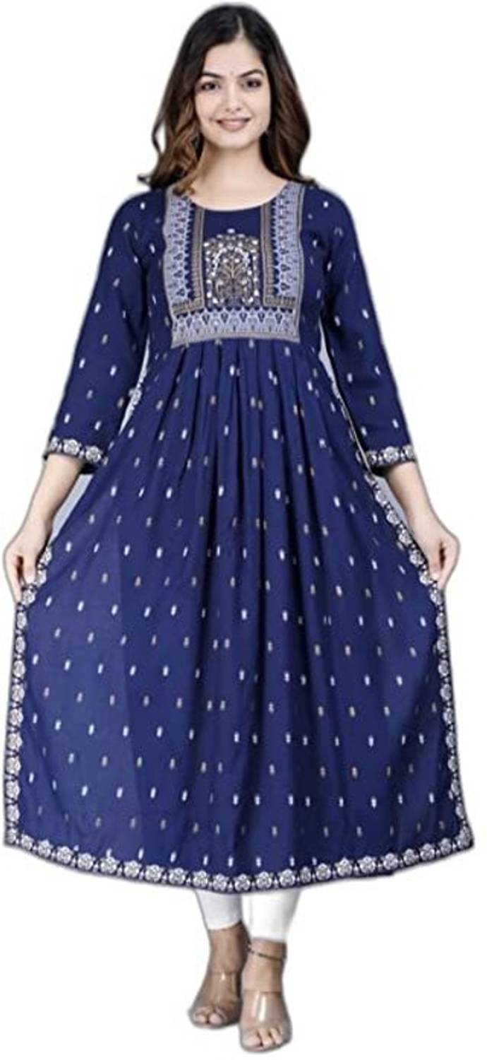 JAYROSH Women Printed Viscose Rayon Flared Kurta (Blue)