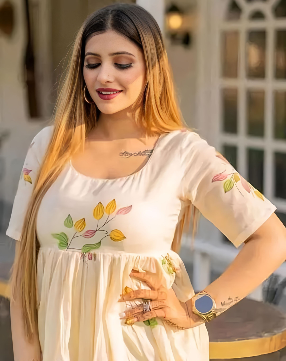 Image of First Affair Floral Print Viscose Rayon Anarkali Kurta for Women (Beige)