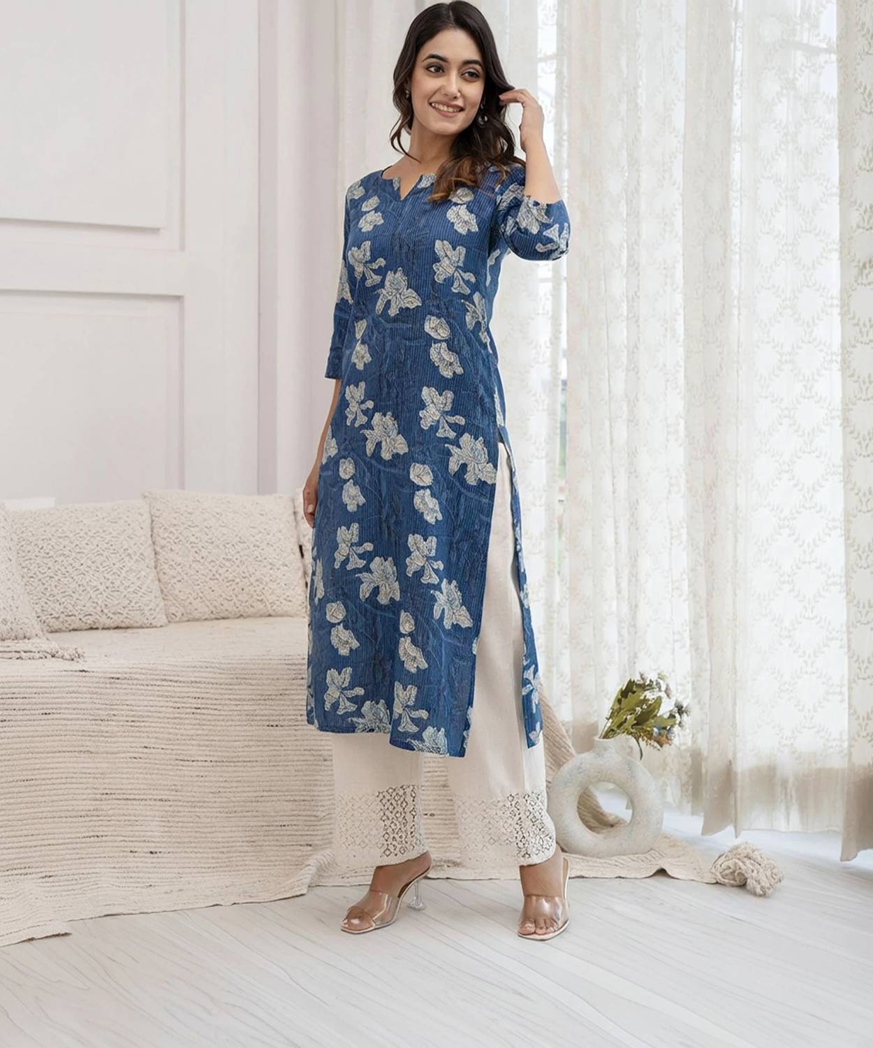 JSIMAR Women Printed Viscose Rayon Straight Kurta (Blue)