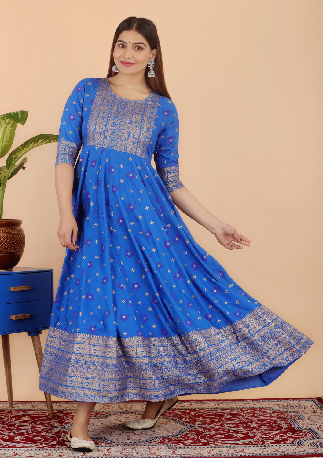 Image of AASHLEY Printed Cotton Rayon Anarkali Kurta for Women (Blue)