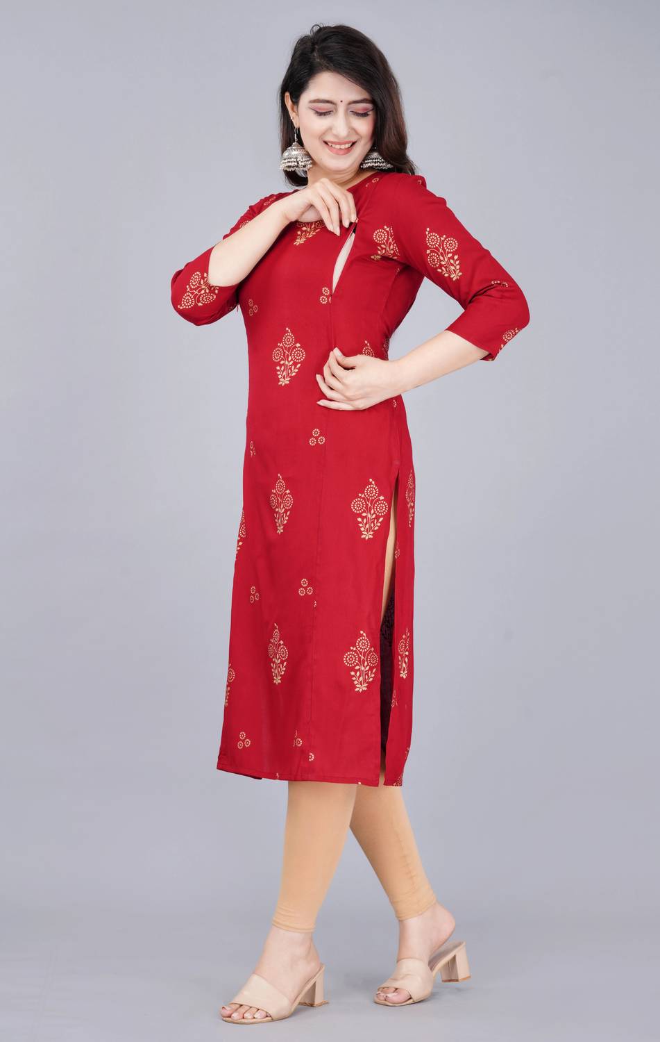 Radhe Fashion Women Printed Viscose Rayon Straight Kurta (Maroon)