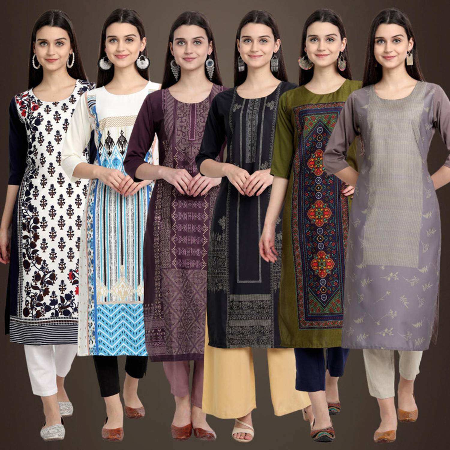 1 Stop Fashion Pack of 6 Women Printed Crepe Straight Kurta (Mult