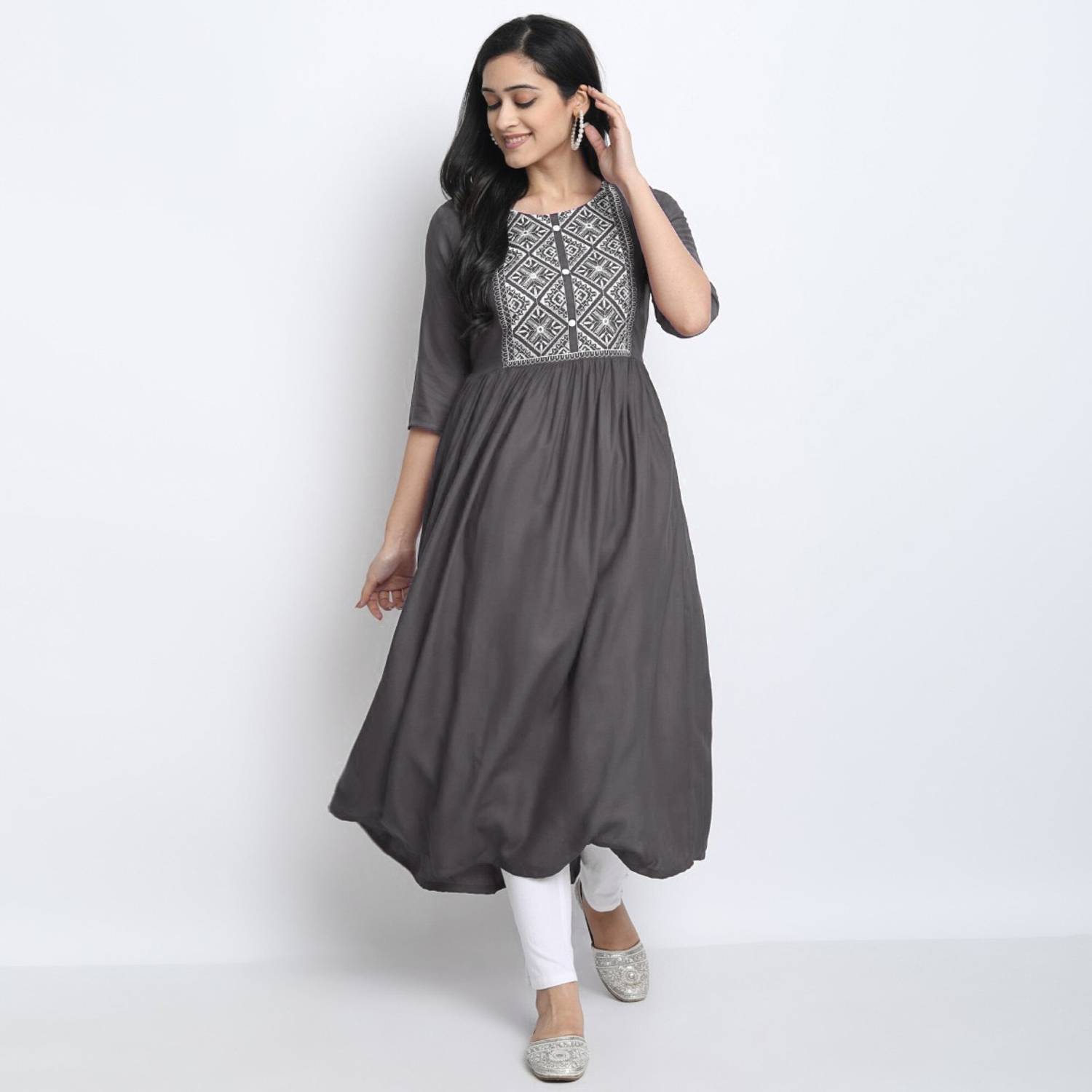 FASHION PATTI Women Embroidered Viscose Rayon Flared Kurta (Grey)