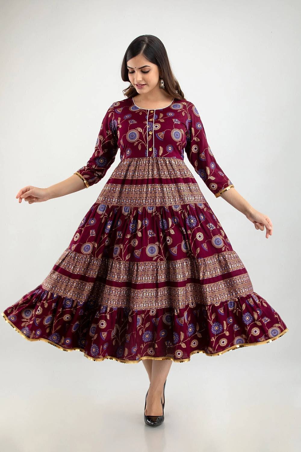 RR SA KURTIS Women Printed Viscose Rayon Gown Kurta (Maroon)