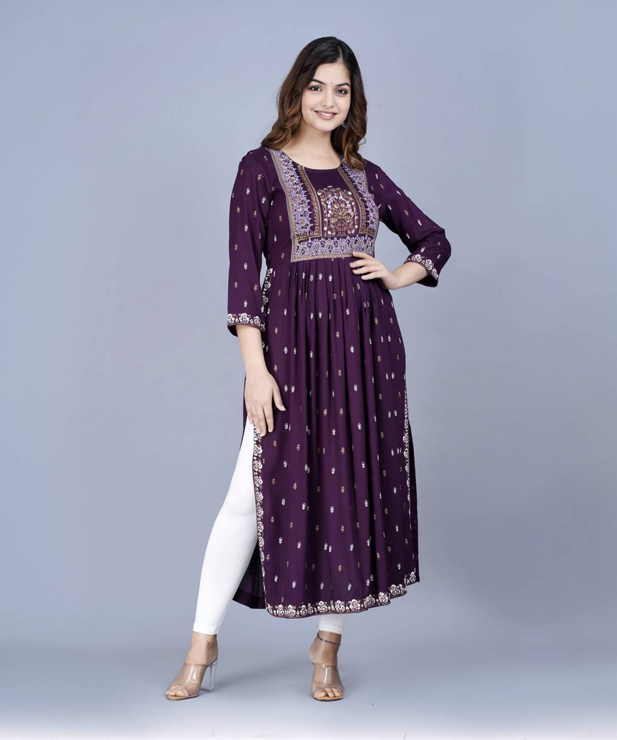 Saabhi Women Printed Viscose Rayon Flared Kurta (Purple)