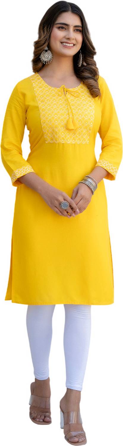 MF HAYAT Women Embroidered Viscose Rayon Straight Kurta (Yellow)