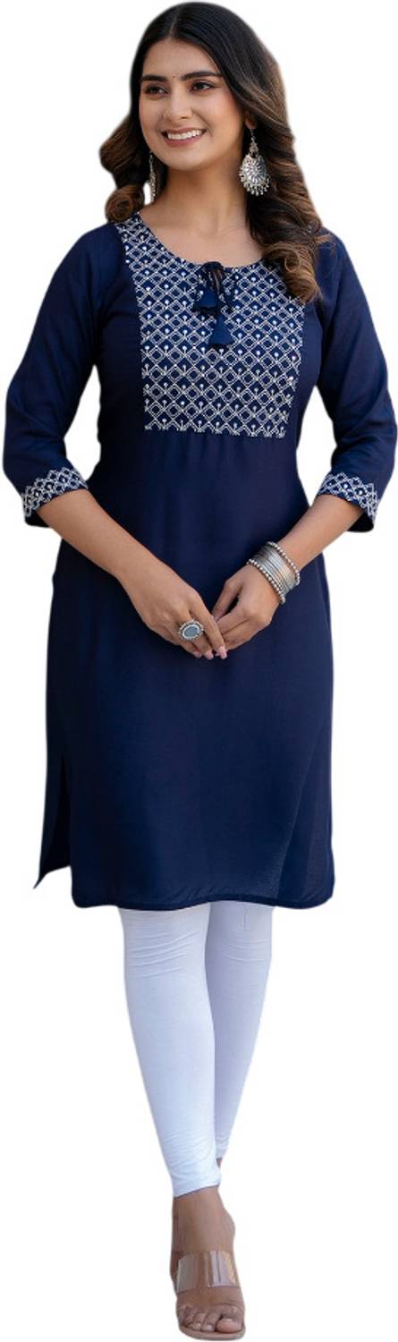 MF HAYAT Women Embroidered Viscose Rayon Straight Kurta (Blue)