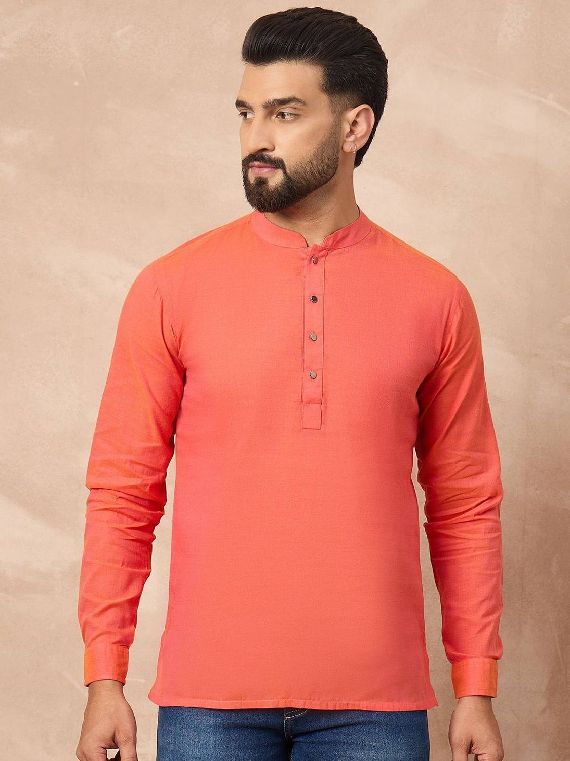 House of Pataudi Men Solid Straight Kurta Orange - Image 1