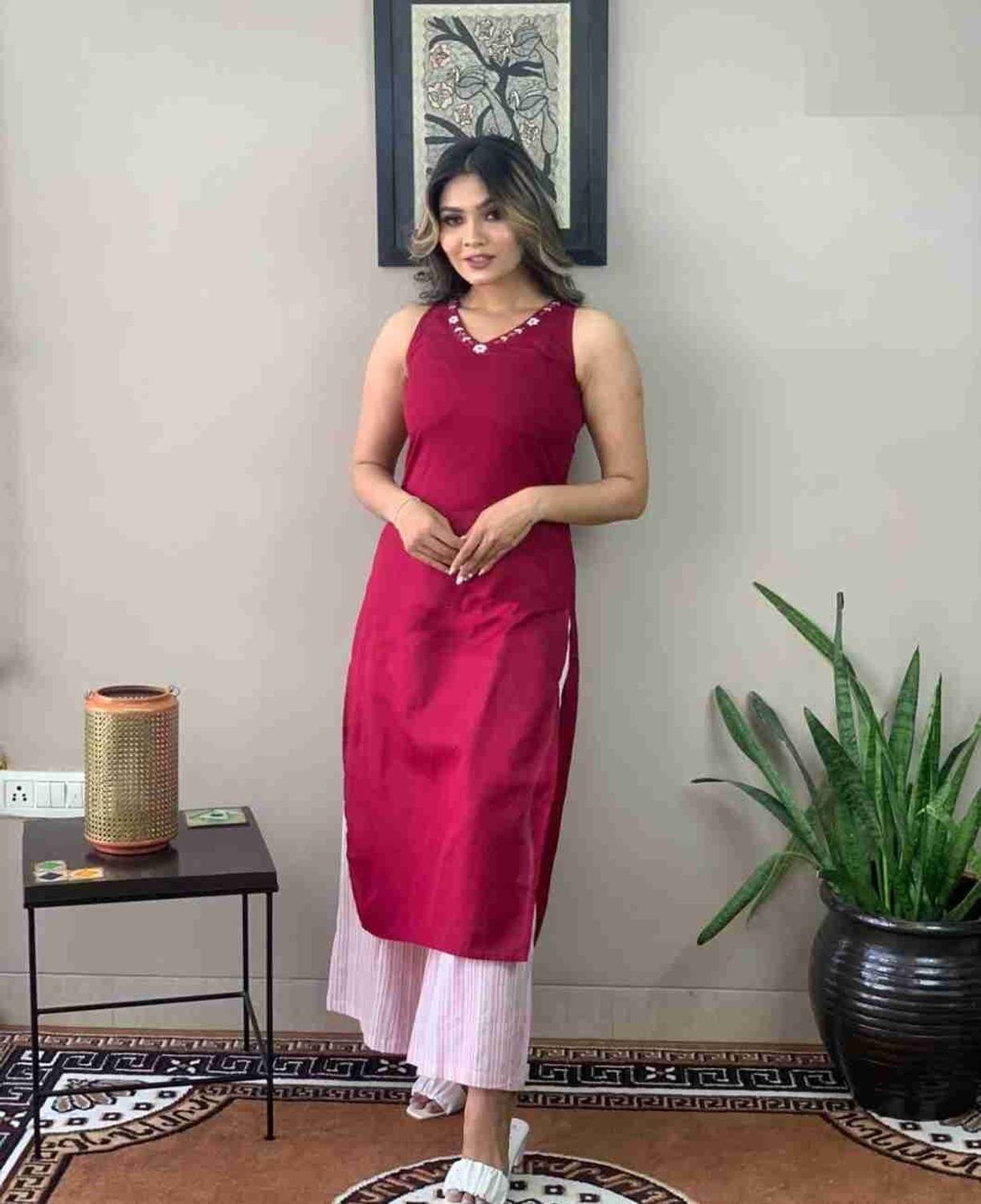 SANTOLIYA Women Embroidered Cotton Rayon Straight Kurta (Maroon)