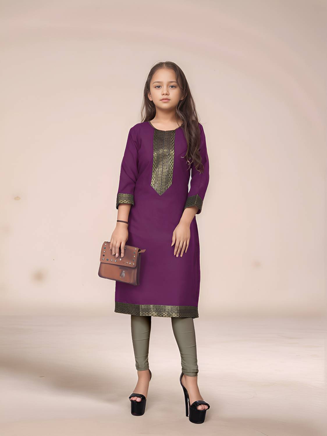 Aarya Designer Girls Solid, Embellished Straight Kurta