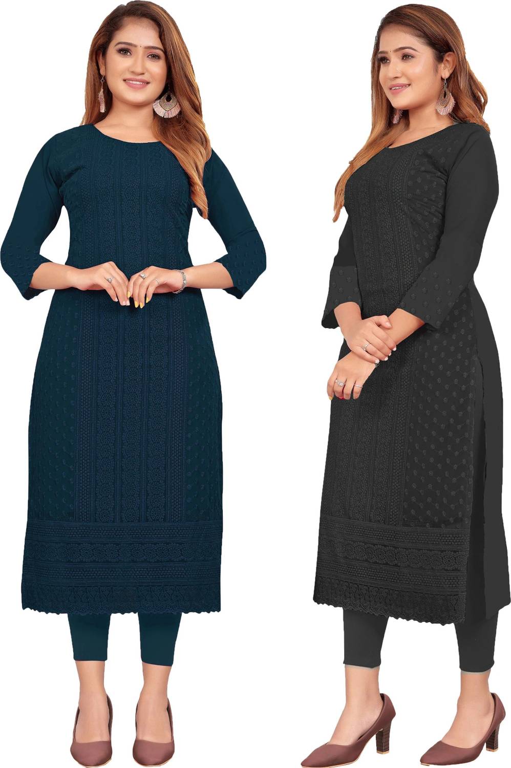 KAYRAAH Pack of 2 Women Solid Georgette Straight Kurta (Multicolo
