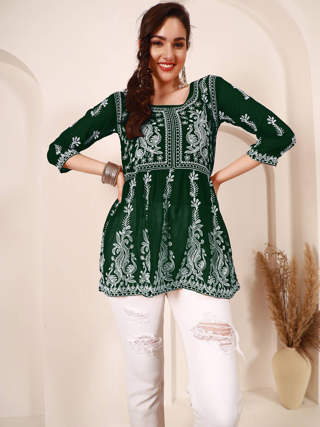 Youthnic Women Chikan Embroidery Georgette Flared Kurta (Green)