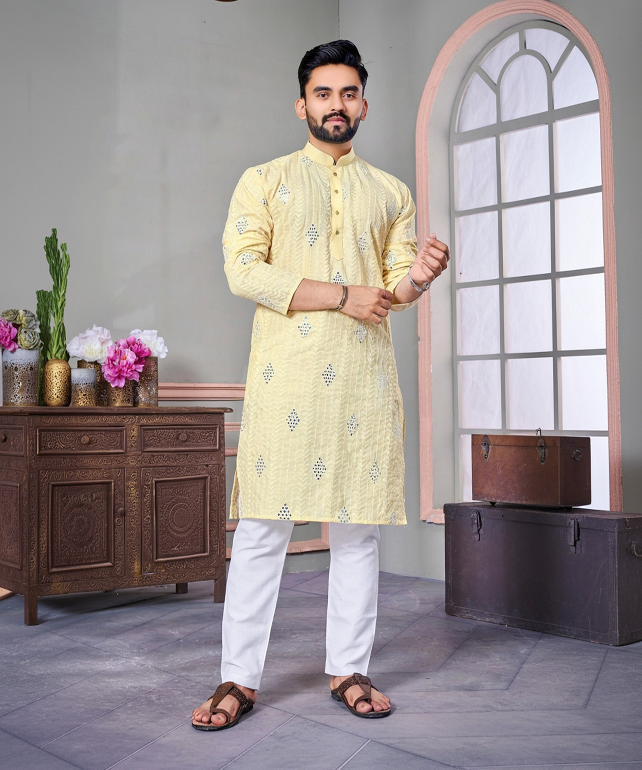 Image of Lazzly Men Embroidered Straight Kurta