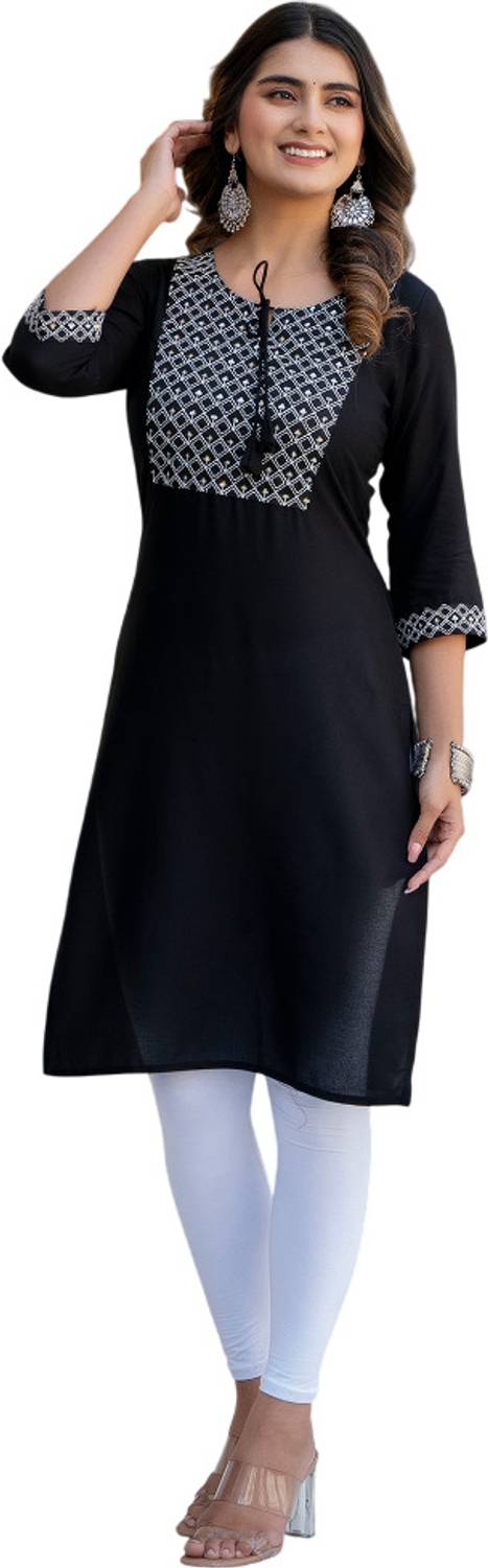 MF HAYAT Women Embroidered Viscose Rayon Straight Kurta (Black)
