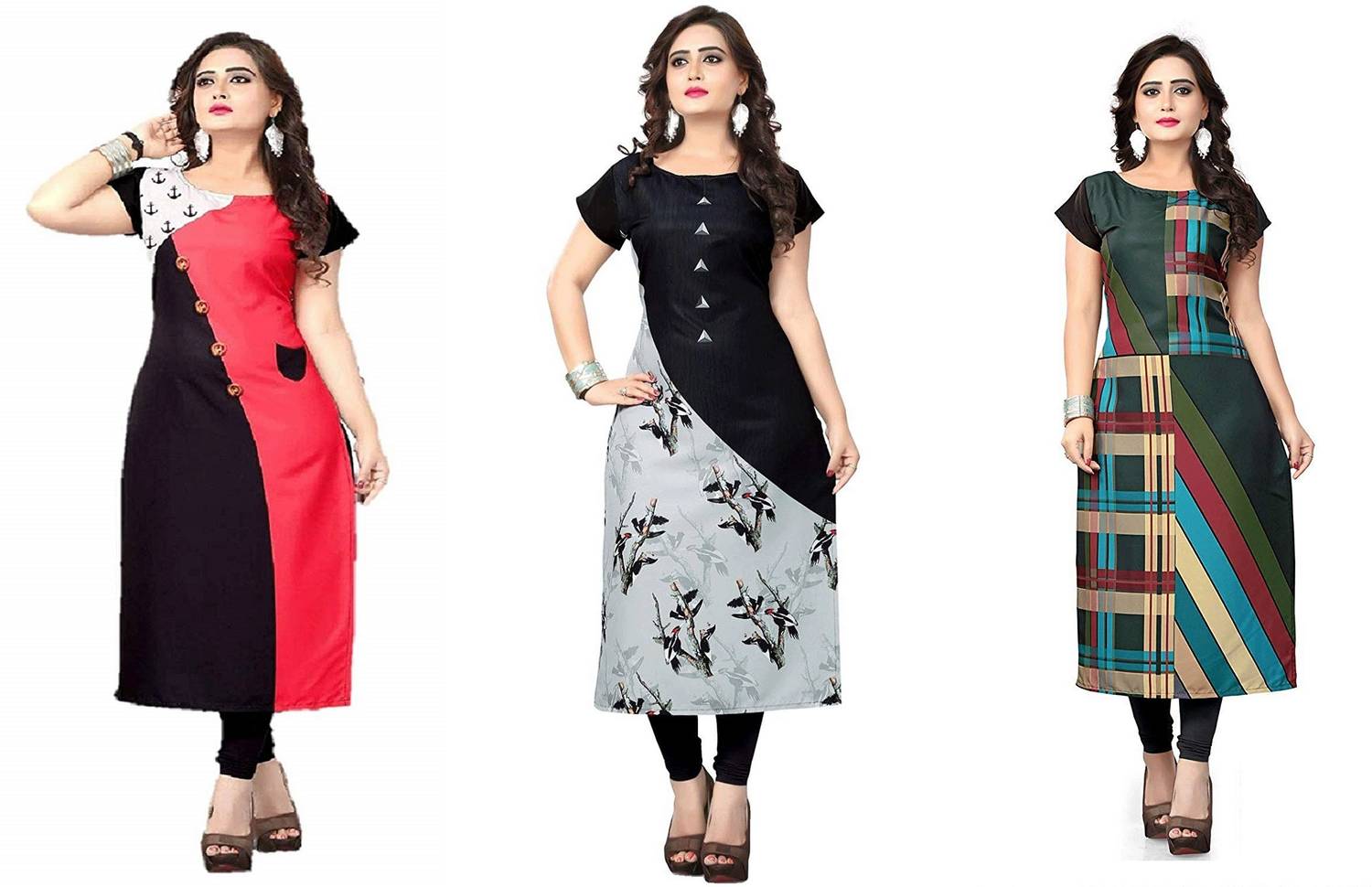 AK Fashion Pack of 3 Women Printed Crepe A-line Kurta (Red, Black