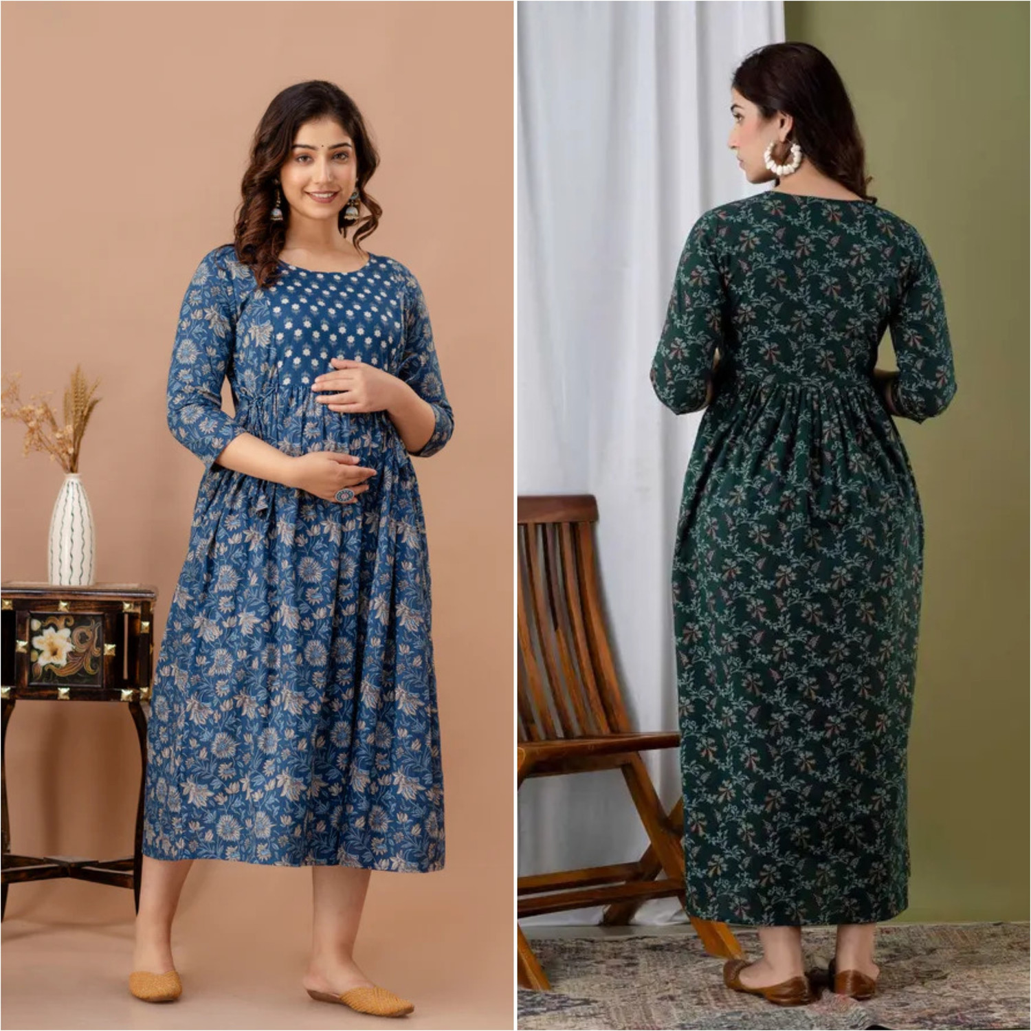 Image of Feemel Textiles Pack of 2 Floral Print, Printed Cotton Rayon Gown Kurta for Women (Blue, Dark Green)