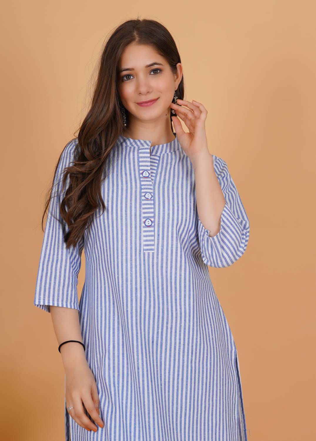 HouseOfCommon Women Striped Cotton Blend A-line Kurta (Blue)