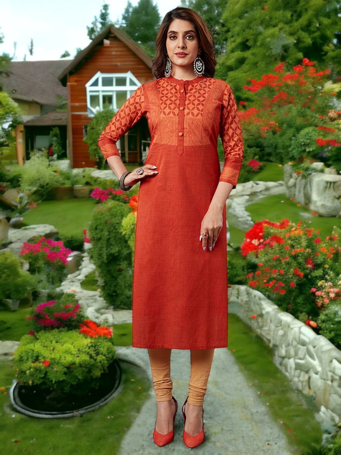 Jevi Prints Women Printed Pure Cotton Straight Kurta (Orange)
