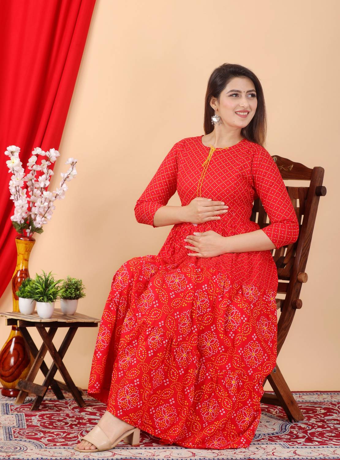 Most Women Printed Pure Cotton Flared Kurta (Red)