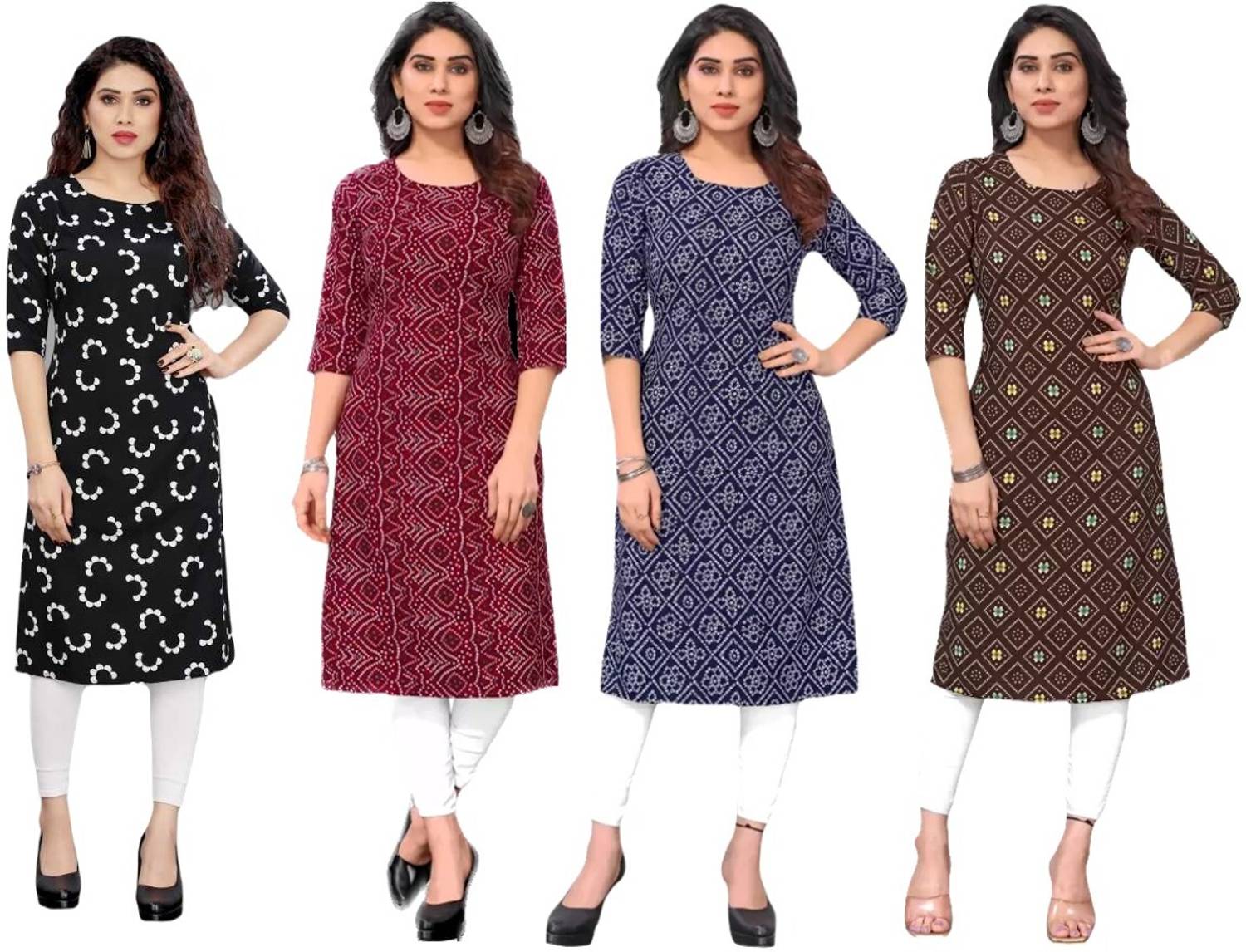 Hiral Pack of 4 Women Printed Crepe Straight Kurta (Red)