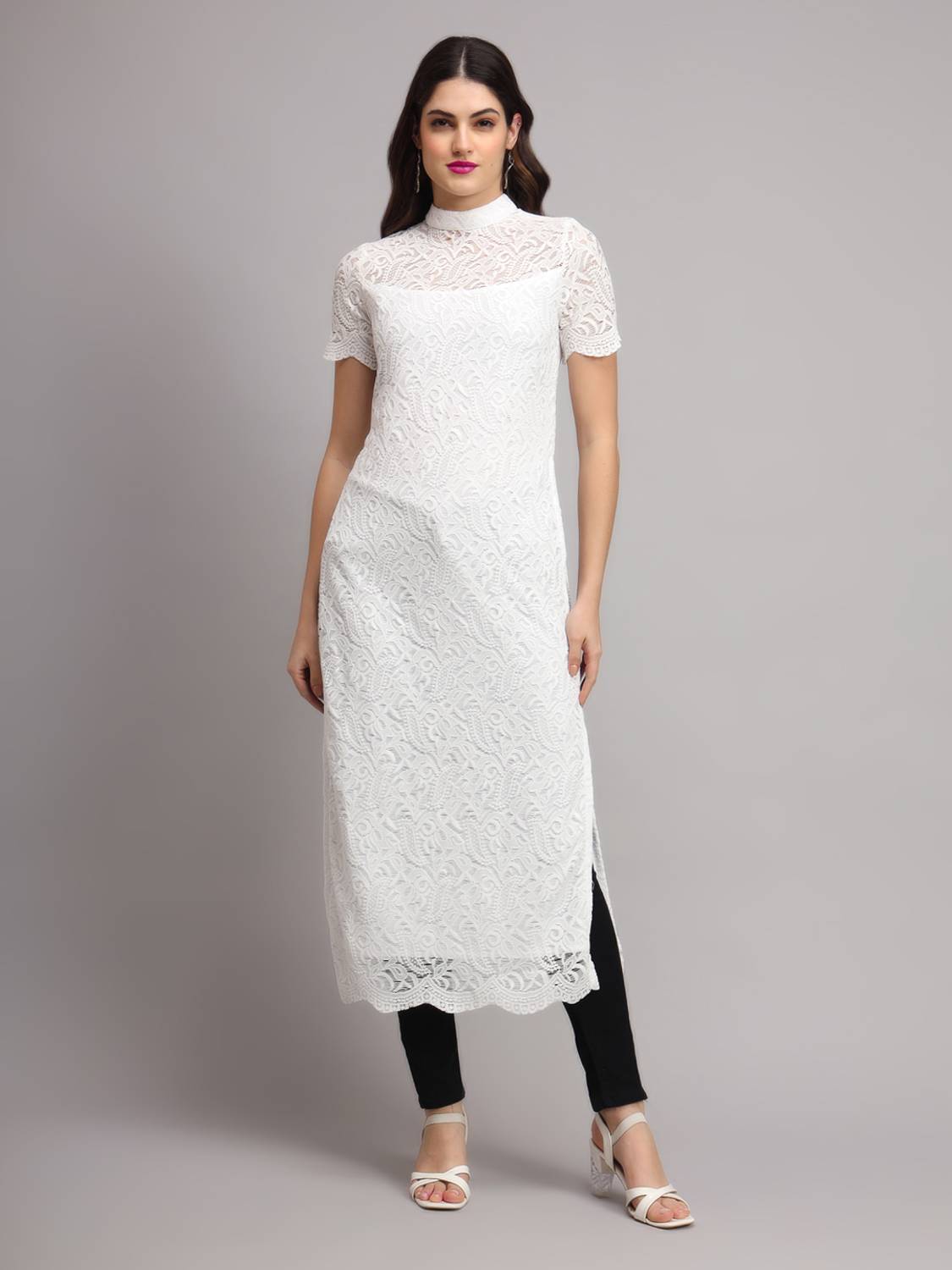 Ojjasvi Women Embroidered Lace Straight Kurta (White)