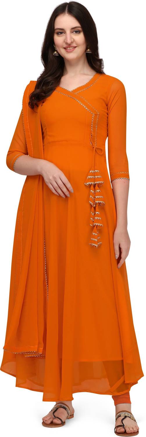 HESVI Women Solid Georgette Anarkali Kurta With Attached Dupatta