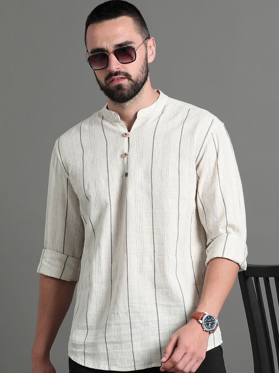Image of HERE&NOW Men Striped Casual Cream Shirt