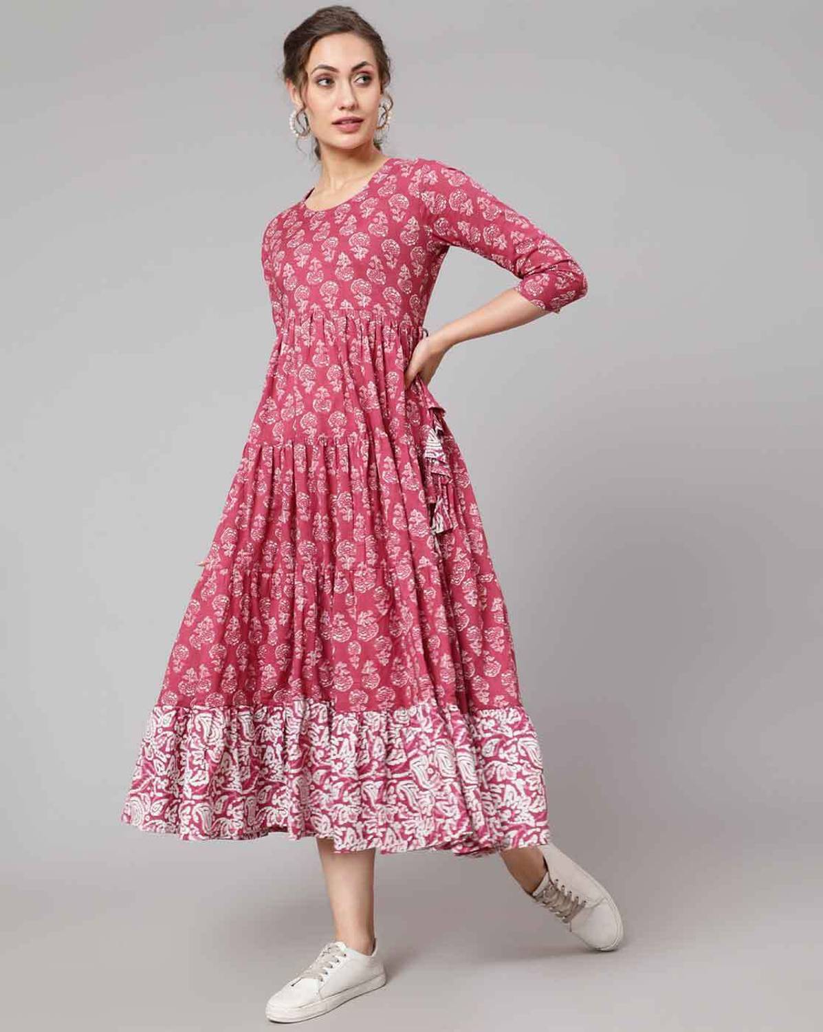 armoniya Women Floral Print Cotton Blend Anarkali Kurta (Pink)
