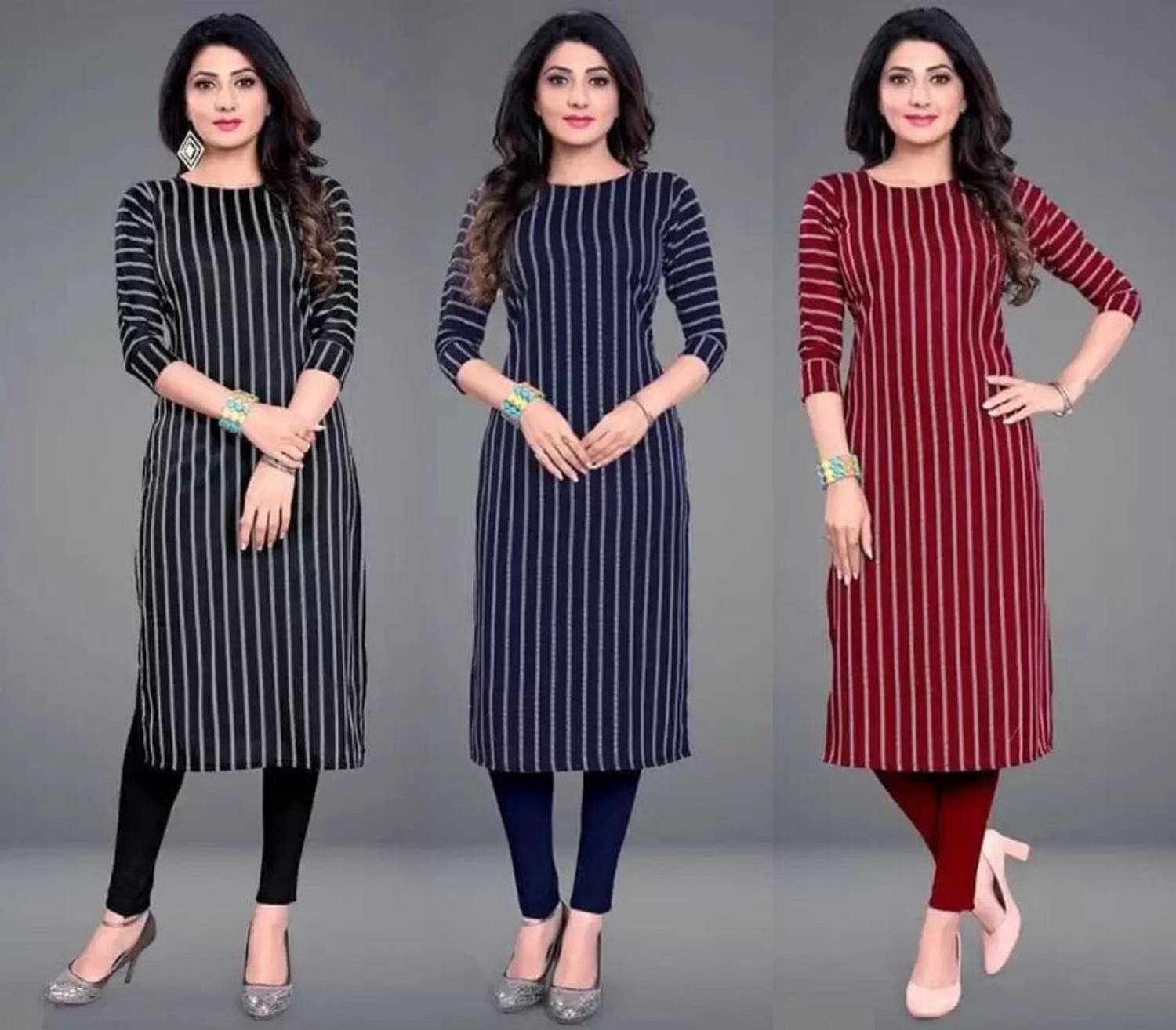 AK Fashion Pack of 3 Women Printed Crepe Straight Kurta (Multicol