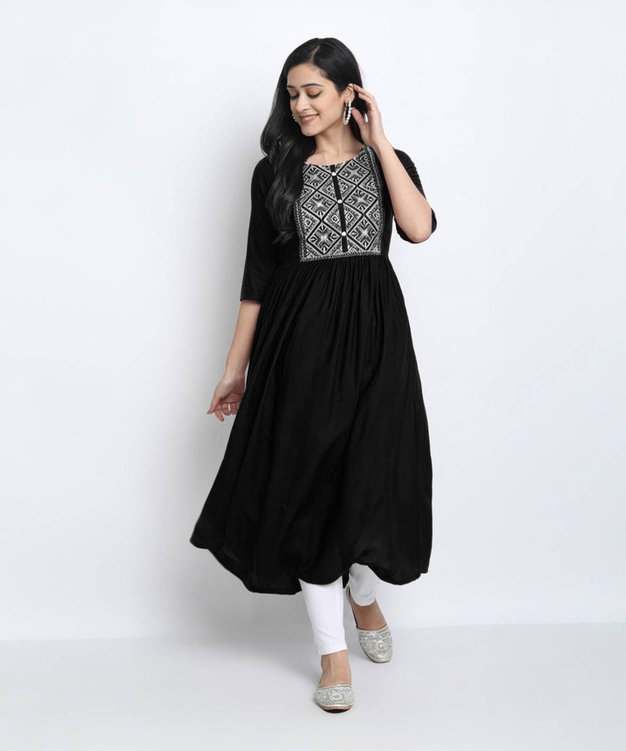 FASHION PATTI Women Embroidered Viscose Rayon Flared Kurta (Black